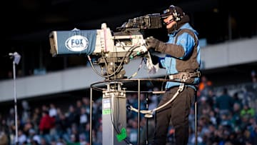 A Fox television camera during a game between the Philadelphia Eagles and the Chicago Bears at Lincoln Financial Field. 