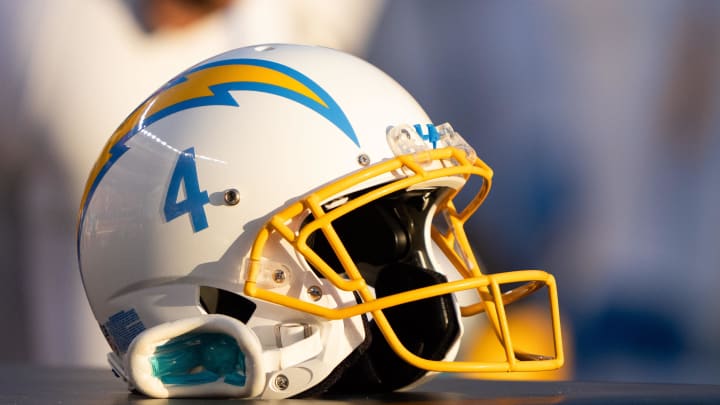 Aug 25, 2023; Santa Clara, California, USA;  General view of the helmet belonging to Los Angeles Chargers place kicker Dustin Hopkins (not pictured) during the first quarter against the San Francisco 49ers at Levi's Stadium. Mandatory Credit: Stan Szeto-USA TODAY Sports