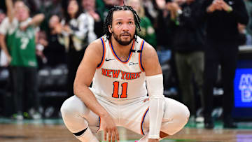 May 14, 2025; Boston, Massachusetts, USA; New York Knicks guard Jalen Brunson (11) fouls out of the game in the second half during game five of the second round for the 2025 NBA Playoffs against the Boston Celtics at TD Garden. Mandatory Credit: Bob DeChiara-Imagn Images