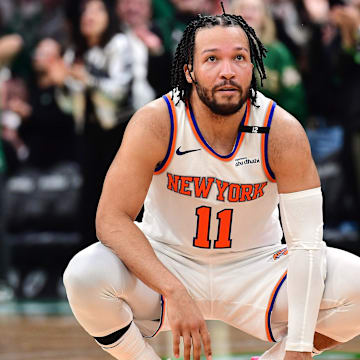 May 14, 2025; Boston, Massachusetts, USA; New York Knicks guard Jalen Brunson (11) fouls out of the game in the second half during game five of the second round for the 2025 NBA Playoffs against the Boston Celtics at TD Garden. Mandatory Credit: Bob DeChiara-Imagn Images