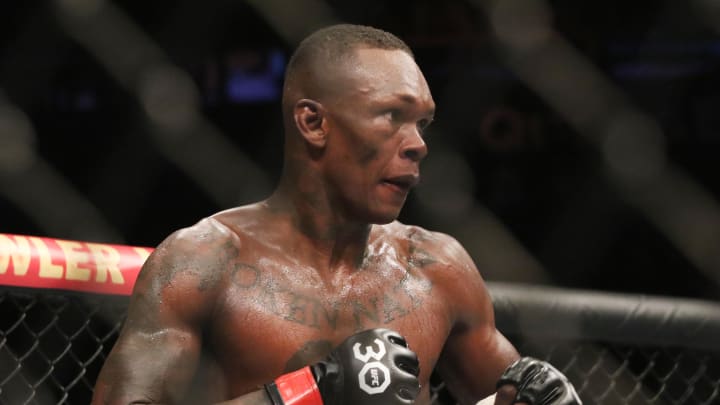 Sep 9, 2023; Sydney, NSW, AUSTRALIA; Israel Adesanya reacts during his fight with Sean Strickland (not pictured) in UFC 293 at Qudos Bank Arena.