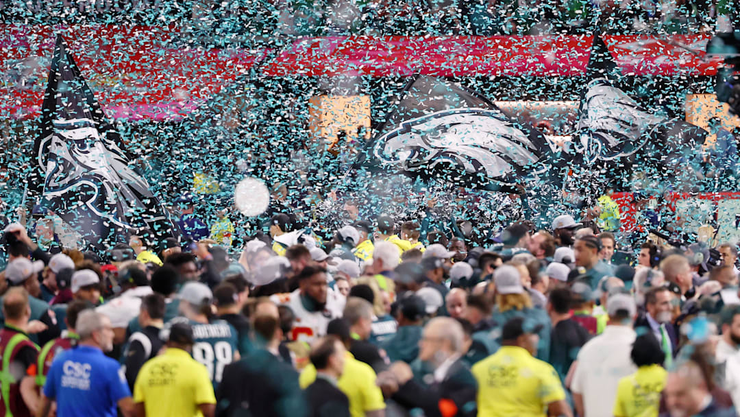 A general view as confetti falls after Super Bowl LIX at the Caesars Superdome.