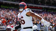 Cincinnati Bengals tight end Noah Fant (86) celebrates a touchdown in the second quarter of the NFL Week 1 game between the Cleveland Browns and the Cincinnati Bengals at Huntington Bank Field in Cleveland on Sunday, Sept. 7, 2025.