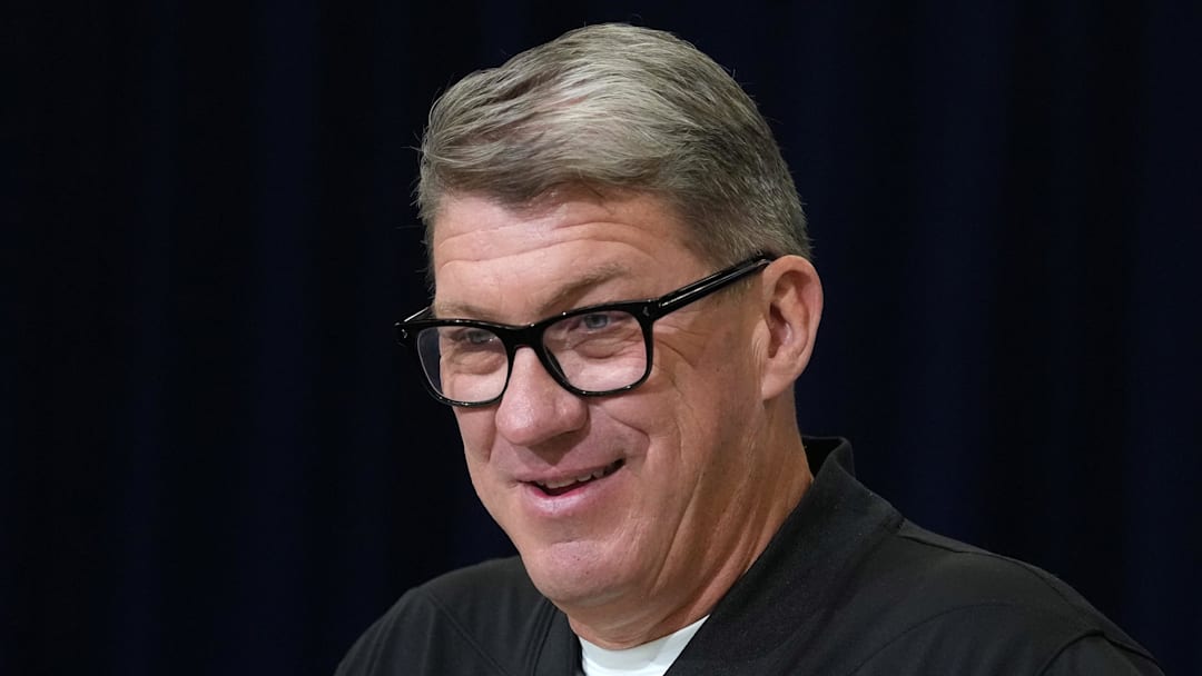 Feb 24, 2026; Indianapolis, IN, USA; Tampa Bay Buccaneers general manager Jason Licht speaks at the NFL Scouting Combine at the Indiana Convention Center. Mandatory Credit: Kirby Lee-Imagn Images