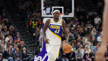 Nov 11, 2025; Salt Lake City, Utah, USA; Indiana Pacers forward Pascal Siakam (43) dribbles the ball up the court against the Utah Jazz during the second half at Delta Center. Mandatory Credit: Chris Nicoll-Imagn Images