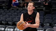 Mar 17, 2025; New York, New York, USA; Miami Heat forward Duncan Robinson (55) warms up before a game against the New York Knicks at Madison Square Garden. Mandatory Credit: Brad Penner-Imagn Images