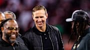 Nov 17, 2024; New Orleans, Louisiana, USA;  Former New Orleans Saints quarterback Drew Brees during the half time Ring of Honor ceremony for Jahri Evans at Caesars Superdome. Mandatory Credit: Stephen Lew-Imagn Images