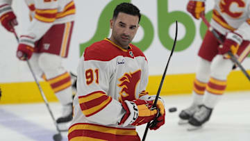 Oct 28, 2025; Toronto, Ontario, CAN; Calgary Flames forward Nazem Kadri (91) skates during warm up before a game against the Toronto Maple Leafs at Scotiabank Arena. Mandatory Credit: John E. Sokolowski-Imagn Images