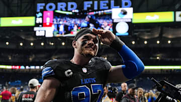 Oct 20, 2025; Detroit, MI; Detroit Lions defensive end Aidan Hutchinsonwaves at fans after a 24-9 win over the Tampa Bay Buccaneers