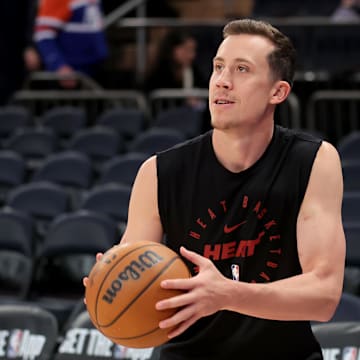 Mar 17, 2025; New York, New York, USA; Miami Heat forward Duncan Robinson (55) warms up before a game against the New York Knicks at Madison Square Garden. Mandatory Credit: Brad Penner-Imagn Images