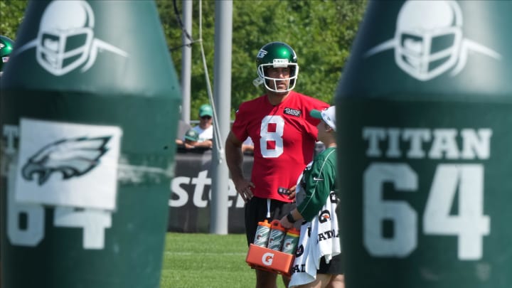 Florham Park, NJ -- July 27, 2024 -- Quarterback Aaron Rodgers during the New York Jets training camp this morning.