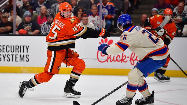 Oct 7, 2026; Anaheim, California, USA; Anaheim Ducks right wing Beckett Sennecke (45) shoots on goal against the Edmonton Oilers during the third period at Honda Center. Mandatory Credit: Gary A. Vasquez-Imagn Images