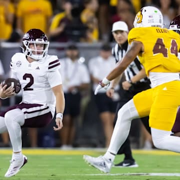 Sep 7, 2024; Tempe, Arizona, USA; Mississippi State Bulldogs quarterback Blake Shapen (2) against the Arizona State Sun Devils at Mountain America Stadium. Mandatory Credit: Mark J. Rebilas-Imagn Images