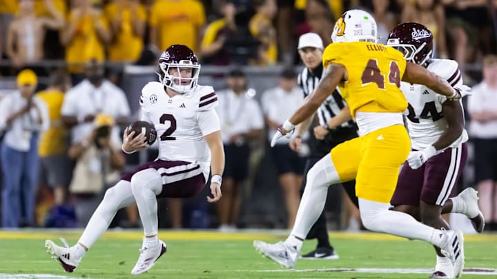 Sep 7, 2024; Tempe, Arizona, USA; Mississippi State Bulldogs quarterback Blake Shapen (2) against the Arizona State Sun Devils at Mountain America Stadium. Mandatory Credit: Mark J. Rebilas-Imagn Images