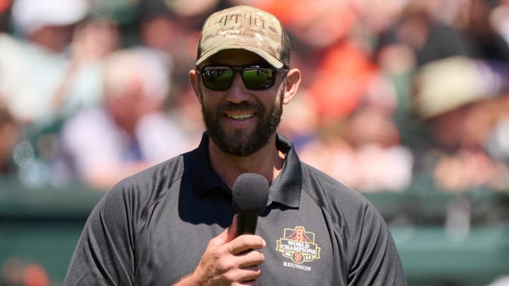 Aug 10, 2024; San Francisco, California, USA; Former San Francisco Giants pitcher Madison Bumgarner speaks during a ceremony celebrating the Giants' 2014 World Series championship team before the game against the Detroit Tigers at Oracle Park.