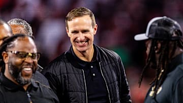 Nov 17, 2024; New Orleans, Louisiana, USA;  Former New Orleans Saints quarterback Drew Brees during the half time Ring of Honor ceremony for Jahri Evans at Caesars Superdome. Mandatory Credit: Stephen Lew-Imagn Images