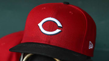 Jul 22, 2025; Washington, District of Columbia, USA; General view of Cincinnati Reds hat during the game against the Washington Nationals at Nationals Park. 