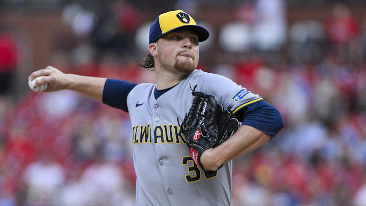 Sep 20, 2025; St. Louis, Missouri, USA; Milwaukee Brewers starting pitcher Chad Patrick (39) pitches against the St. Louis Cardinals during the first inning at Busch Stadium. Mandatory Credit: Jeff Curry-Imagn Images