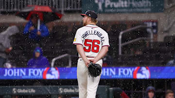 Apr 10, 2025; Atlanta, Georgia, USA; Atlanta Braves starting pitcher Spencer Schwellenbach (56) walks off the field against the Philadelphia Phillies during a rain delay in the seventh inning at Truist Park. Mandatory Credit: Brett Davis-Imagn Images
