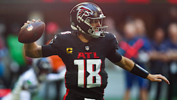 Oct 20, 2024; Atlanta, Georgia, USA; Atlanta Falcons quarterback Kirk Cousins (18) throws a pass against the Seattle Seahawks in the first quarter at Mercedes-Benz Stadium. Mandatory Credit: Brett Davis-Imagn Images
