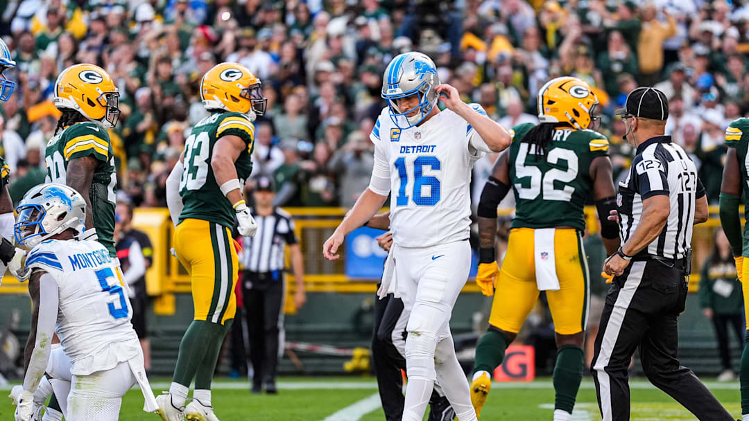 Detroit Lions quarterback Jared Goff walks off the field after a failed third-down conversion against the Green Bay Packers during the second half at Lambeau Field in Green Bay, Wis., on Sunday, September 7, 2025.