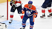 Jun 4, 2025; Edmonton, Alberta, CAN; Edmonton Oilers left wing Evander Kane (91) reacts after Edmonton Oilers defenseman Mattias Ekholm (not pictured) scores a goal against the Florida Panthers during the third period in game one of the 2025 Stanley Cup Final at Rogers Place. Mandatory Credit: Walter Tychnowicz-Imagn Images