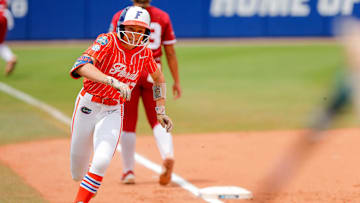 Florida outfielder Kendra Falby (27) round third to take home for a run int eh second inning during a Women’s College World Series semifinal game between Oklahoma (OU) and Florida at Devon Park in Oklahoma City, on Monday, June 3, 2024.