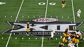 Dec 7, 2024; Arlington, TX, USA; A view of the Big 12 logo and stadium during the game between the Iowa State Cyclones and the Arizona State Sun Devils at AT&T Stadium. Mandatory Credit: Jerome Miron-Imagn Images