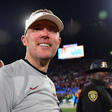 Nov 19, 2022; Pasadena, California, USA; Southern California Trojans head coach Lincoln Riley reacts following the victory against the UCLA Bruins at the Rose Bowl. Mandatory Credit: Gary A. Vasquez-Imagn Images
