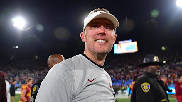 Southern California Trojans head coach Lincoln Riley reacts following the victory against the UCLA Bruins at the Rose Bowl. M