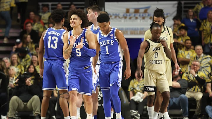 Feb 24, 2024; Winston-Salem, North Carolina, USA;  Duke Blue Devils guard Tyrese Proctor (5) reacts