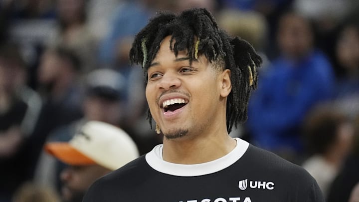 Apr 11, 2025; Minneapolis, Minnesota, USA; Minnesota Timberwolves guard Terrence Shannon Jr. (00) prepares to play the Brooklyn Nets before the game at Target Center. Mandatory Credit: Bruce Kluckhohn-Imagn Images