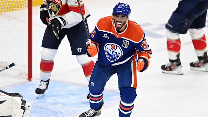 Jun 4, 2025; Edmonton, Alberta, CAN; Edmonton Oilers left wing Evander Kane (91) reacts after Edmonton Oilers defenseman Mattias Ekholm (not pictured) scores a goal against the Florida Panthers during the third period in game one of the 2025 Stanley Cup Final at Rogers Place. Mandatory Credit: Walter Tychnowicz-Imagn Images