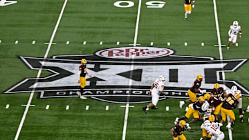Dec 7, 2024; Arlington, TX, USA; A view of the Big 12 logo and stadium during the game between the Iowa State Cyclones and the Arizona State Sun Devils at AT&T Stadium. Mandatory Credit: Jerome Miron-Imagn Images