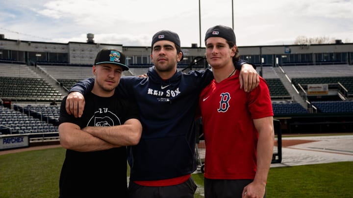 Portland Sea Dogs players (left to right) Kyle Teel, Marcelo Mayer and Roman Anthony pose for a picture prior to a game at Hadlock Field in Portland, Maine on Friday, May 10, 2024.