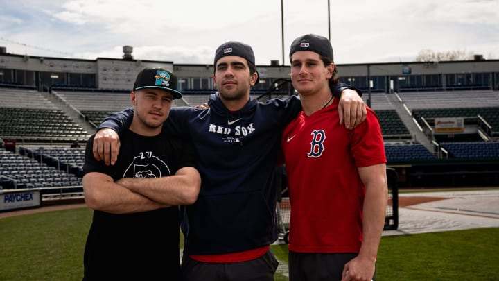 Portland Sea Dogs players (left to right) Kyle Teel, Marcelo Mayer and Roman Anthony pose for a picture prior to a game at Hadlock Field in Portland, Maine on Friday, May 10, 2024.