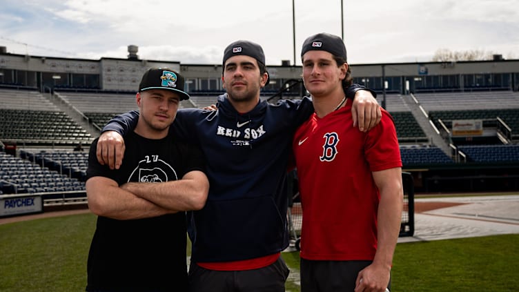 Portland Sea Dogs players (left to right) Kyle Teel, Marcelo Mayer and Roman Anthony pose for a picture prior to a game at Hadlock Field in Portland, Maine on Friday, May 10, 2024.