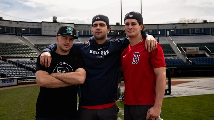 Portland Sea Dogs players (left to right) Kyle Teel, Marcelo Mayer and Roman Anthony pose for a picture prior to a game at Hadlock Field in Portland, Maine on Friday, May 10, 2024.