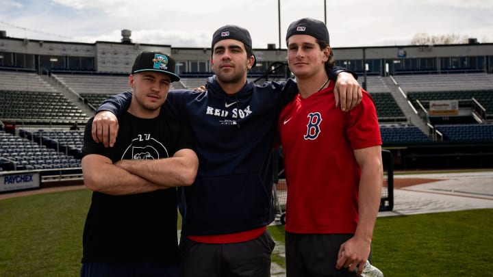 Portland Sea Dogs players (left to right) Kyle Teel, Marcelo Mayer and Roman Anthony pose for a picture prior to a game at Hadlock Field in Portland, Maine on Friday, May 10, 2024.