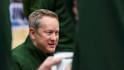 Mar 23, 2025; Seattle, WA, USA; Colorado State Rams head coach Niko Medved leads a team huddle against the Maryland Terrapins in the first half at Climate Pledge Arena. Mandatory Credit: Steven Bisig-Imagn Images