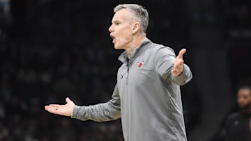 Dec 30, 2024; Charlotte, North Carolina, USA;  Chicago Bulls head coach Billy Donovan reacts during the second half against the Charlotte Hornetst the Spectrum Center. Mandatory Credit: Sam Sharpe-Imagn Images