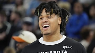 Apr 11, 2025; Minneapolis, Minnesota, USA; Minnesota Timberwolves guard Terrence Shannon Jr. (00) prepares to play the Brooklyn Nets before the game at Target Center. Mandatory Credit: Bruce Kluckhohn-Imagn Images