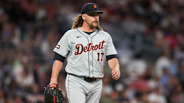 Jun 18, 2024; Atlanta, Georgia, USA; Detroit Tigers relief pitcher Andrew Chafin (17) in action against the Atlanta Braves in the seventh inning at Truist Park. Mandatory Credit: Brett Davis-Imagn Images