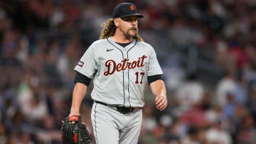 Jun 18, 2024; Atlanta, Georgia, USA; Detroit Tigers relief pitcher Andrew Chafin (17) in action against the Atlanta Braves in the seventh inning at Truist Park. Mandatory Credit: Brett Davis-USA TODAY Sports