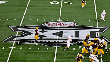 Dec 7, 2024; Arlington, TX, USA; A view of the Big 12 logo and stadium during the game between the Iowa State Cyclones and the Arizona State Sun Devils at AT&T Stadium. Mandatory Credit: Jerome Miron-Imagn Images