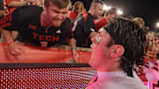Oct 4, 2025; Houston, Texas, USA; Texas Tech Red Raiders quarterback Behren Morton (2) celebrate with fans after defeating the Houston Cougars 35 tom 11 at TDECU Stadium. Mandatory Credit: Thomas Shea-Imagn Images