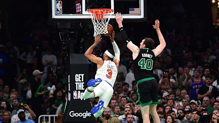 May 14, 2025; Boston, Massachusetts, USA; Boston Celtics center Luke Kornet (40) fouls New York Knicks guard Josh Hart (3) in the second half during game five of the second round for the 2025 NBA Playoffs at TD Garden. Mandatory Credit: Bob DeChiara-Imagn Images May 14, 2025; Boston, Massachusetts, USA; Boston Celtics center Luke Kornet (40) fouls New York Knicks guard Josh Hart (3) in the second half during game five of the second round for the 2025 NBA Playoffs at TD Garden. Mandatory Credit: Bob DeChiara-Imagn Images