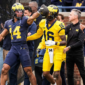 Team Blue wide receiver Channing Goodwin (14) celebrates a first down against Team Maize during the first half of the spring game at Michigan Stadium in Ann Arbor on Saturday, April 19, 2025.