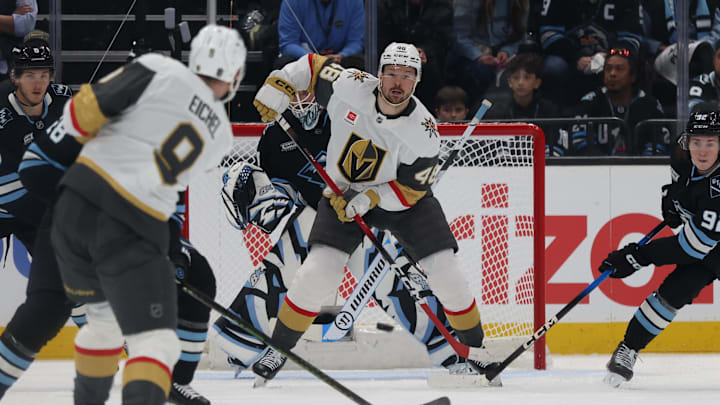 Apr 24, 2026; Salt Lake City, Utah, USA; Vegas Golden Knights center Tomas Hertl (48) plays a pass from center Jack Eichel (9) against the Utah Mammoth during the first period in game three of the first round of the 2026 Stanley Cup Playoffs at Delta Center. Mandatory Credit: Rob Gray-Imagn Images