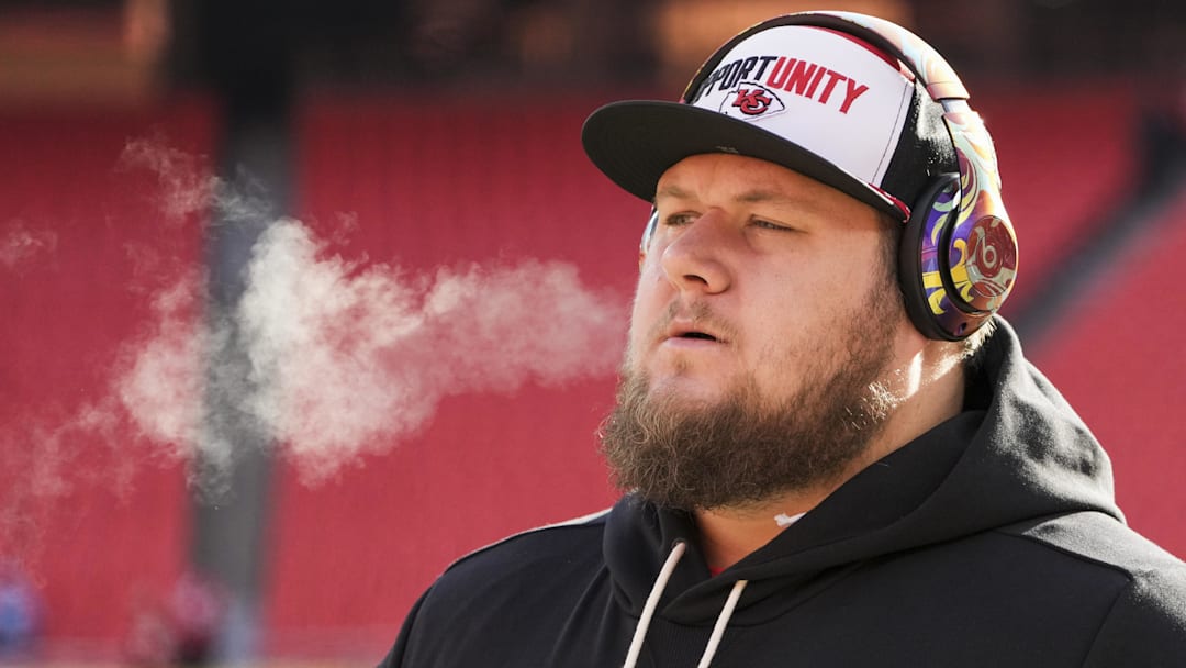 Dec 14, 2025; Kansas City, Missouri, USA; Kansas City Chiefs center Creed Humphrey (52) participates in early pregame warmups against the Los Angeles Chargers at GEHA Field at Arrowhead Stadium. Mandatory Credit: Denny Medley-Imagn Images